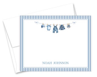Personalized Blue Jean Baby Clothesline Flat Note Cards - Set of 12