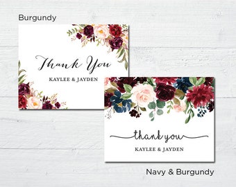 Floral Wedding Thank You Cards - Rustic Burgundy or Navy, Pack of 12