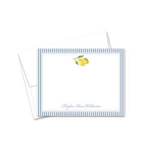 May include: White stationery with a blue striped border and a watercolor illustration of two lemons. The stationery has the name "Taylor Rose Williams" printed in a delicate script font. An envelope is included.
