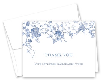 Blue Floral Wedding Bridal Personalized Thank You Cards - Set of 12 with envelopes, 243