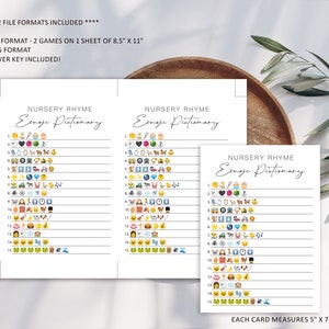 May include: Two printable game cards with the title "Nursery Rhyme Emoji Pictionary". Each card features a list of numbers 1-15 with a blank space next to each number.  The right side of each card has a grid of 15 emojis. Each card measures 5 inches by 7 inches.