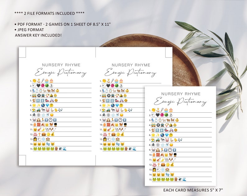 May include: Two printable game cards with the title "Nursery Rhyme Emoji Pictionary". Each card features a list of numbers 1-15 with a blank space next to each number.  The right side of each card has a grid of 15 emojis. Each card measures 5 inches by 7 inches.