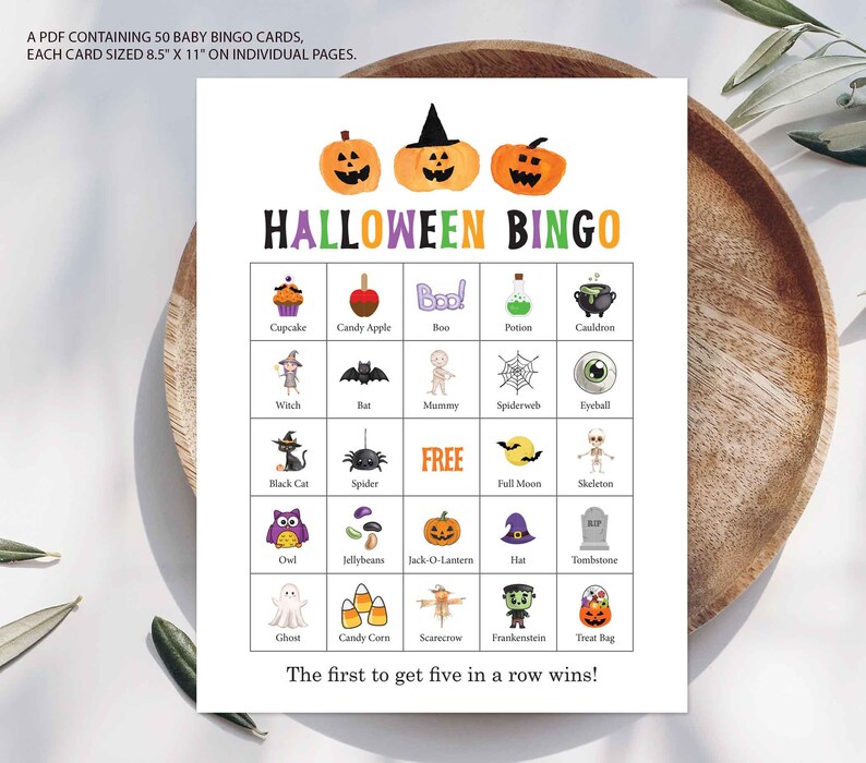 May include: A Halloween Bingo game card featuring a grid of 25 squares with colorful illustrations of pumpkins, a witch, a ghost, and other holiday icons. The text reads A PDF CONTAINING 50 BABY BINGO CARDS, EACH CARD SIZED 8.5" X 11" ON INDIVIDUAL PAGES.