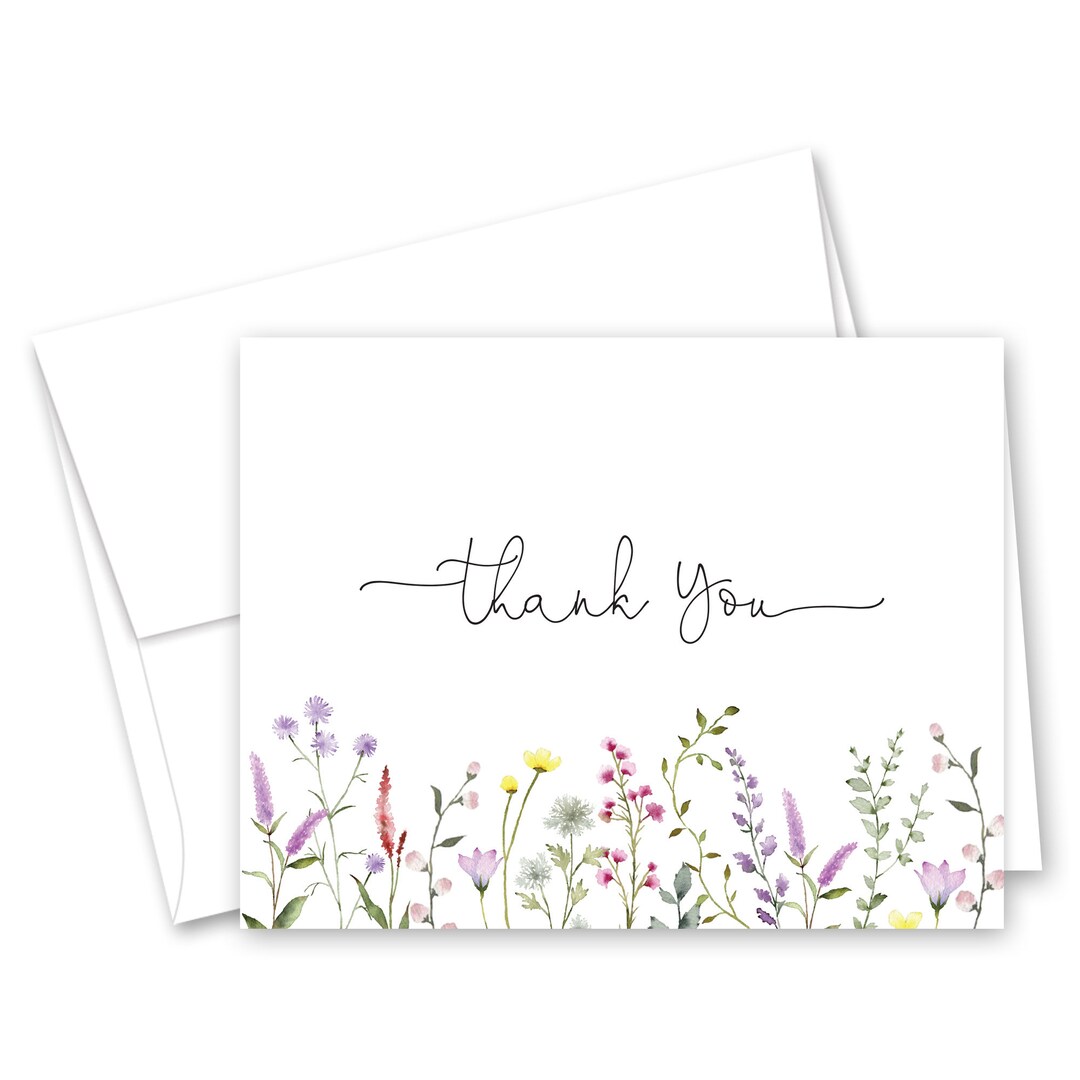 Lavender Watercolor Wildflower Thank You Cards - Set of 12 With ...