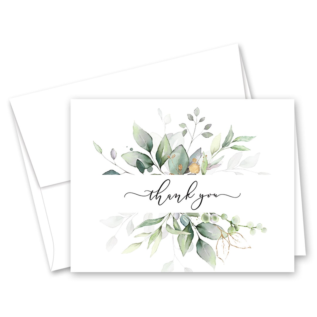 Watercolor Gold Leaves Frame Wedding Thank You Cards - Set of 12 With ...