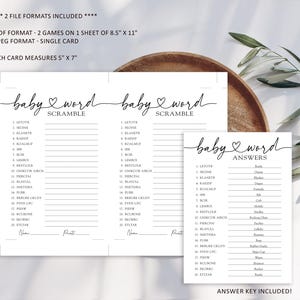 Puede incluir: Dos tarjetas de juego de baby shower imprimibles con el t&iacute;tulo "Baby Word Scramble". Cada tarjeta tiene una lista de 20 palabras para descifrar. Se incluye una tarjeta de respuesta separada con el t&iacute;tulo "Baby Word Answers" y una lista de 20 palabras.