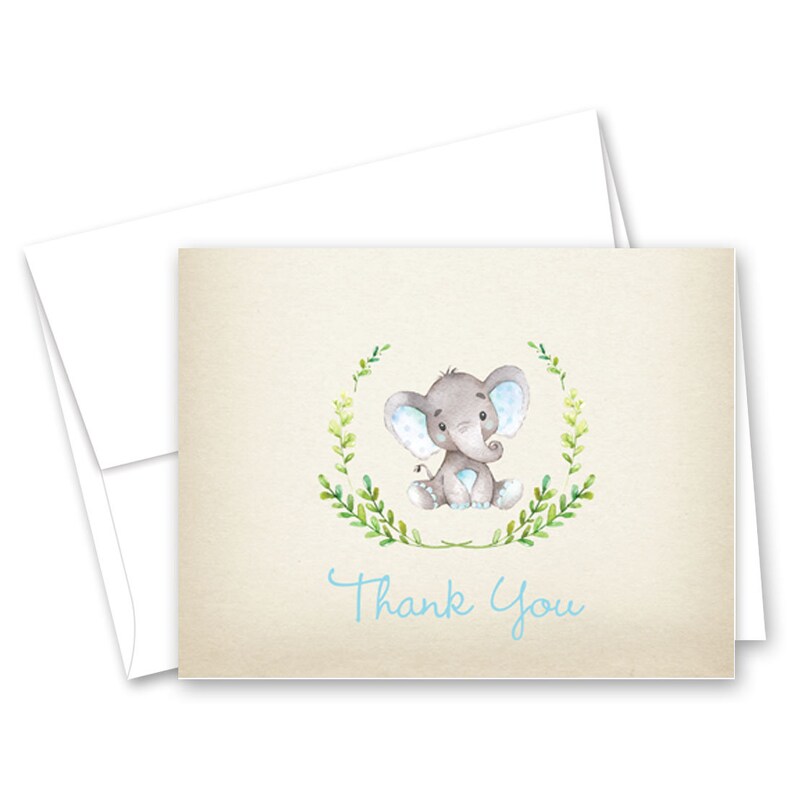 May include: A thank you card with a watercolor illustration of a gray elephant with blue ears sitting in a wreath of green leaves. The text "Thank You" is written in blue script.