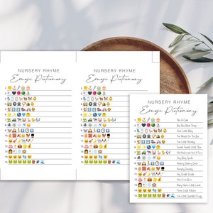 May include: Two printable pages with a list of nursery rhymes and their corresponding emojis. The rhymes include "Pat-A-Cake", "Hush Little Baby", "The Wheels On The Bus", "Twinkle Twinkle Little Star", "Old MacDonald Had A Farm", "Itsy Bitsy Spider", "Hickory Dickory Dock", "Humpty Dumpty", "Hey Diddle Diddle", "Mary Had A Little Lamb", "Little Bo Peep", "Three Little Kittens", "Five Little Speckled Frogs".