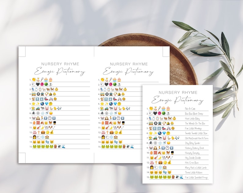 May include: Two printable pages with a list of nursery rhymes and their corresponding emojis. The rhymes include "Pat-A-Cake", "Hush Little Baby", "The Wheels On The Bus", "Twinkle Twinkle Little Star", "Old MacDonald Had A Farm", "Itsy Bitsy Spider", "Hickory Dickory Dock", "Humpty Dumpty", "Hey Diddle Diddle", "Mary Had A Little Lamb", "Little Bo Peep", "Three Little Kittens", "Five Little Speckled Frogs".