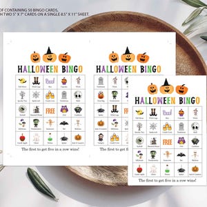 May include: A PDF containing 50 Halloween bingo cards with two 5 inch by 7 inch cards on a single 8.5 inch by 11 inch sheet. Each card features a grid of colorful holiday icons including pumpkins, ghosts, and witches with the text Halloween Bingo.