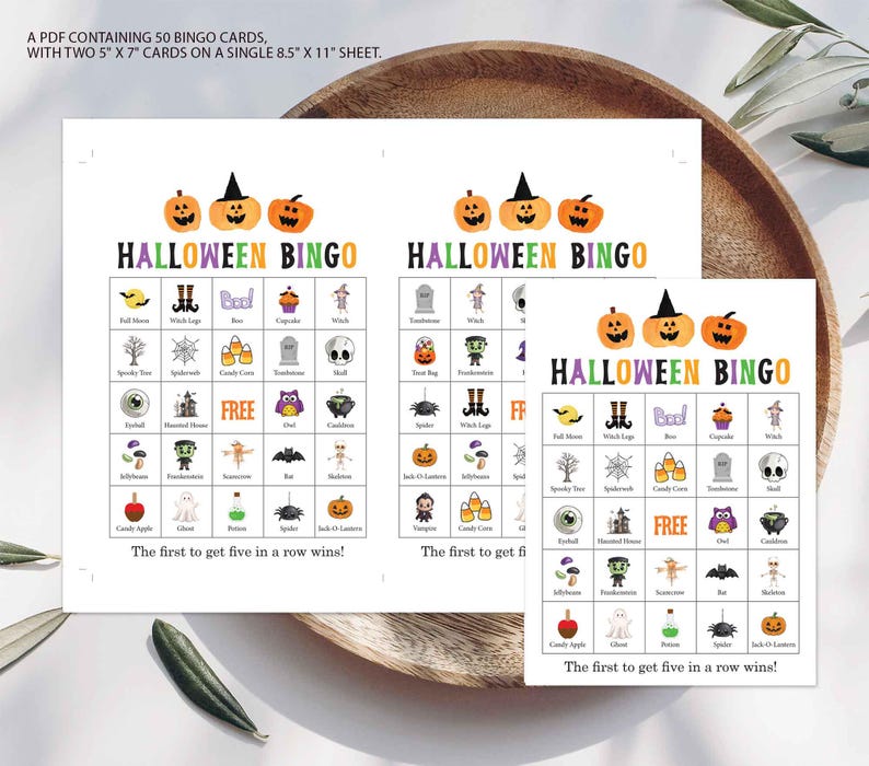 May include: A PDF containing 50 Halloween bingo cards with two 5 inch by 7 inch cards on a single 8.5 inch by 11 inch sheet. Each card features a grid of colorful holiday icons including pumpkins, ghosts, and witches with the text Halloween Bingo.