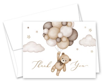 Teddy Bear Balloons Baby Shower Thank You Cards - Set of 24