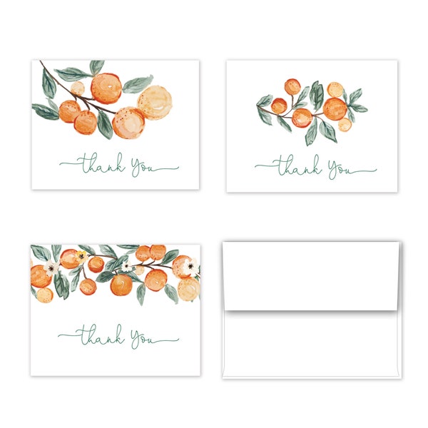 Clementine Orange Note cards, Citrus, Clementine Theme Baby Shower Thank You Cards - Set of 12 with envelopes - 929