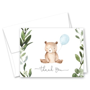 Woodland Bear Thank You Cards - Greenery Bear with Balloons Baby Shower Thank You Cards - Set of 24 with envelopes - 834