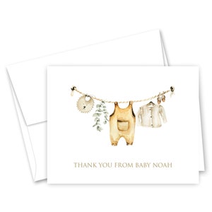 Baby Clothesline Thank You Cards - Baby Shower Shower Thank You Cards, Boy, Girl, Gender Neutral - Set of 12 with Envelopes