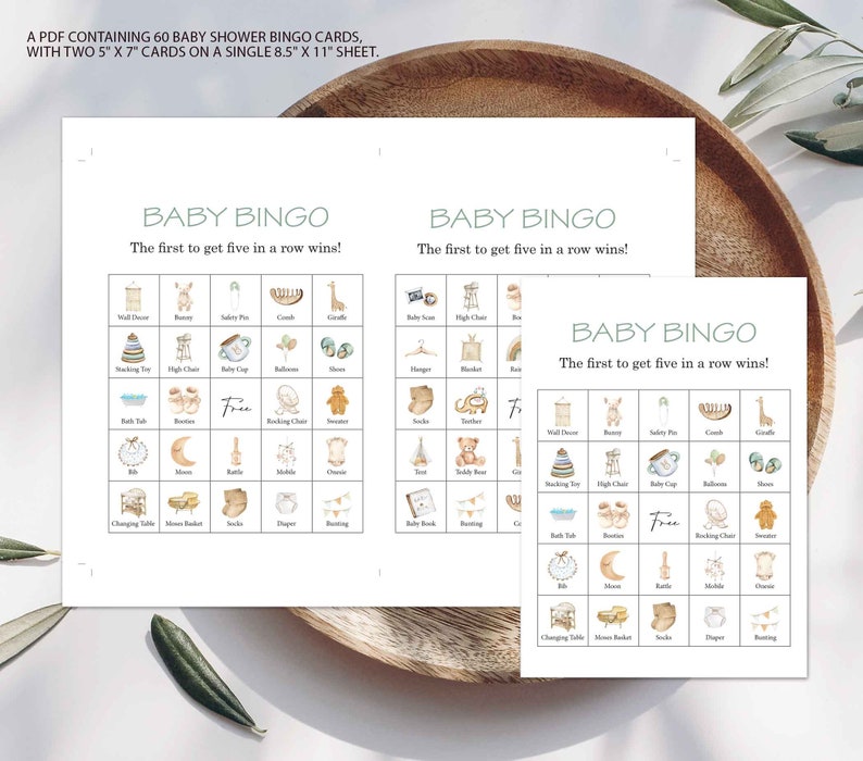 May include: A set of 60 printable baby shower bingo cards. Each card features a 5x5 grid with images of baby items like a high chair, rattle, and booties. The text "BABY BINGO" and "The first to get five in a row wins!" is at the top of each card.