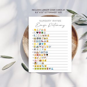 May include: A printable nursery rhyme game card with the title "Emoji Pictionary". The card features a list of numbers 1 through 15 with emojis next to each number.