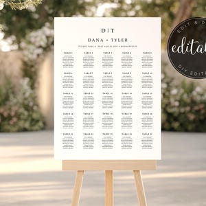 May include: A white wedding seating chart with the text "DIT DANA + TYLER PLEASE TAKE A SEAT + ENJOY A MEMORABLE" and a grid of 20 tables with numbers 1-20.