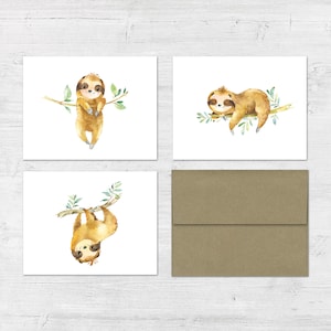 Adorable Baby Sloth Folded Note Cards - Set of 12 with envelopes (4 cards each design)