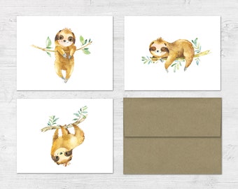 Adorable Baby Sloth Folded Note Cards - Set of 12 with envelopes (4 cards each design)