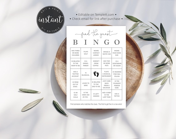 Minimalist Baby Shower Find The Guest Bingo Cards (EDITABLE ON TEMPLETT) - Digital Download