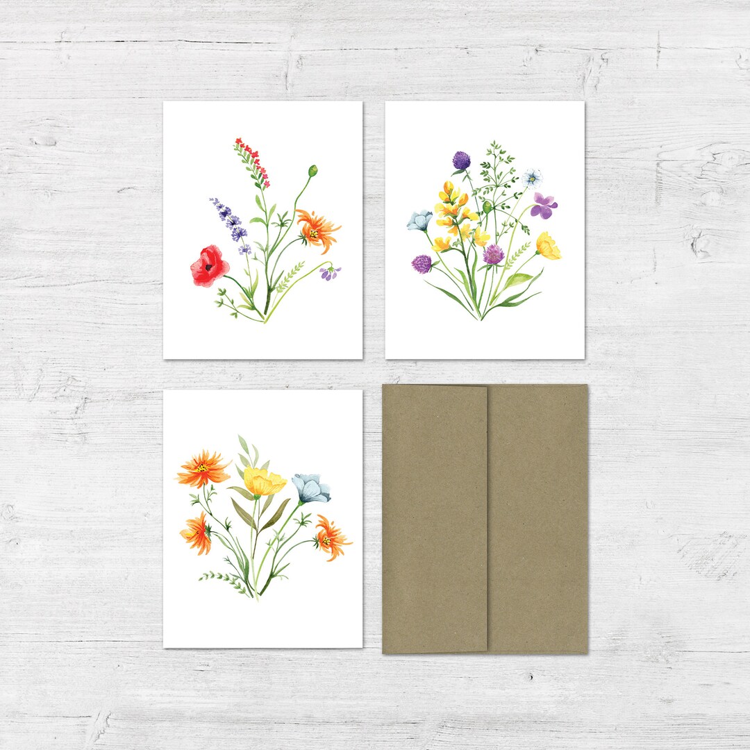 Watercolor Wildflower Bouquet Folded Note Cards - Set of 12 With ...