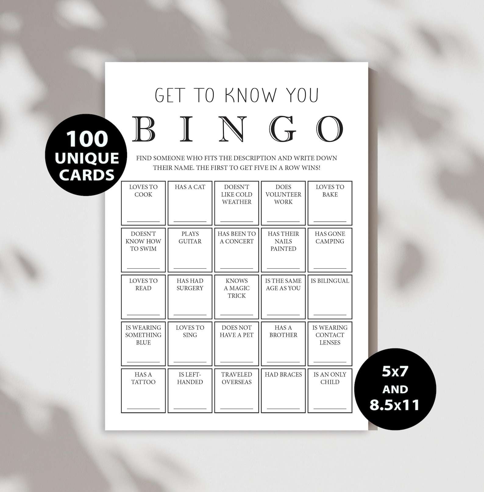 Get to Know You Bingo Cards Icebreaker Game Digital Download