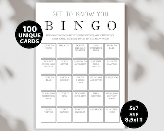 100 Get to Know You Bingo Cards, Find Someone Icebreaker Games  (NOT EDITABLE) - Digital Download