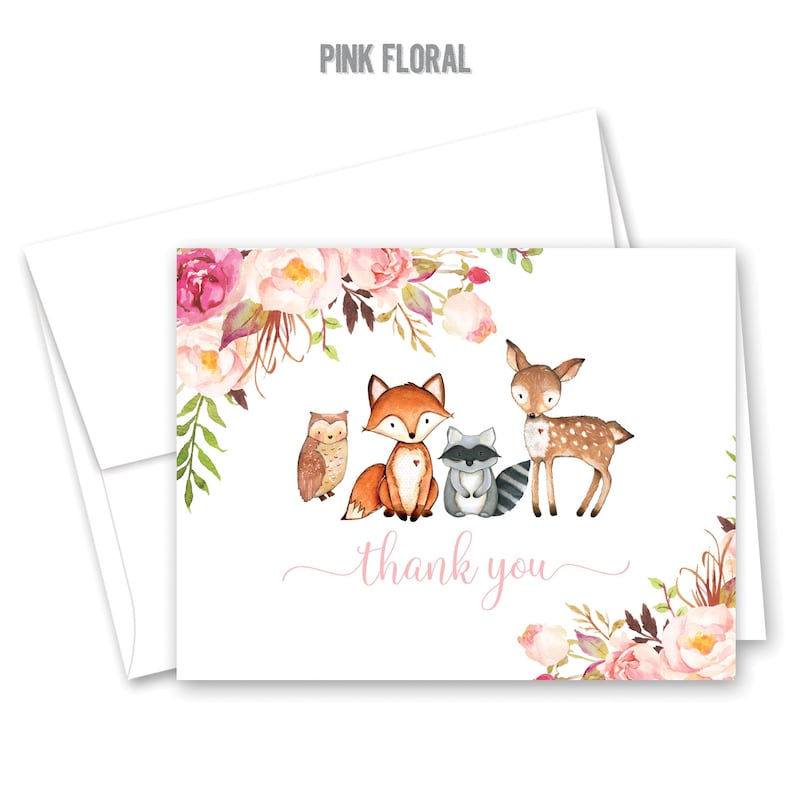 Woodland Animals Thank You Cards - Greenery Baby Shower Thank You Cards - Set of 24 with envelopes Pink Floral