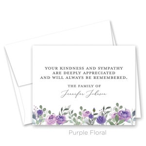 May include: Purple floral sympathy card with the text "Your kindness and sympathy are deeply appreciated and will always be remembered. The family of Jennifer Johnson."