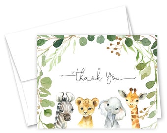 Safari Animals Baby Shower Thank You Cards - Set of 24 with envelopes - 914