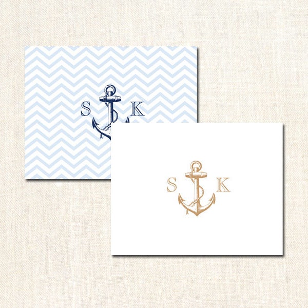 Anchors Aweigh Monogram Folded Thank You Cards - Wedding Thank You Cards - Set of 24 with envelopes - 9926