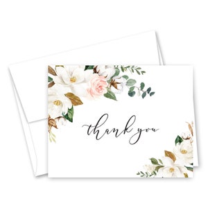 Magnolia Floral and Greenery Thank You Cards for Bridal Shower, Baby Shower and Graduation
