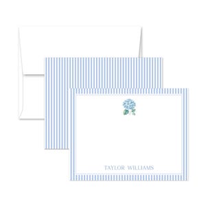 May include: Stationery set featuring a white envelope, a card with a blue hydrangea illustration, and a card with blue and white striped pattern. The card includes the name "TAYLOR WILLIAMS" in a serif font.