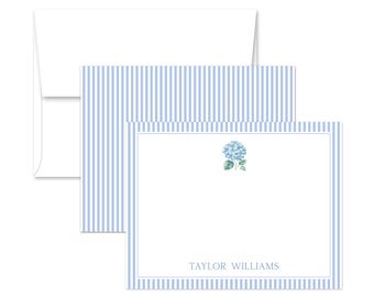 Hydrangea Personalized Stationery, Blue Stripes Flat Notes, Green Stripes Note Cards - Set of 12