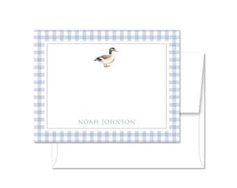 Personalized Gingham Border Mallard Duck Note Cards - Set of 12