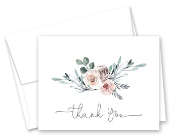 Boho Roses with Greenery Thank You Cards - Set of 12 with envelopes - 902