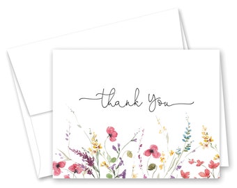 Watercolor Wildflower Thank You Cards - Set of 12 with envelopes - 978