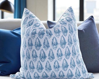 Blue Floral Block Print Pillow Cover: Handmade Cotton/Linen Blend