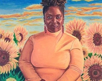 African American Woman and Sunflowers Fine Art Print, "Sunday Reflections" from Original Oil Painting by Tomisha Lovely-Allen