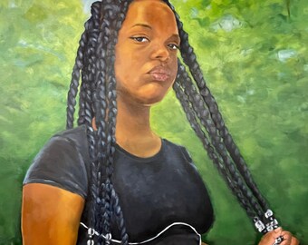 African American Original Art, 36” X 48” black girl with Braids Oil Painting on Canvas "Sass or Confidence"