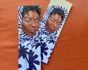 2” X 6”  Purple Patterned Scarf Fine Art Bookmark  Heavy Gloss Cardstock Printed on both sides. African American Woman with purple headscarf