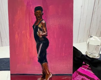 Figurative Mini Impressionistic Acrylic painting on 6.75” x 4.75” wood panel. African American Woman modern dancer. Tomisha Lovely-Allen