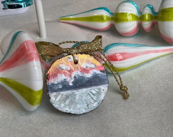 Snowy shimmery golden winter sunset Christmas 2.8”x 2.8” round wood slice Ornament, abstract  snowy cloudscape/ landscape, hand painted