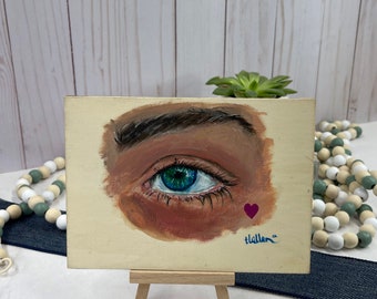 Realistic eye painting on wood panel. 4.75” x 6.75” body part facial feature eye art blue eyes Tomisha Lovely-Allen