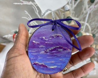 Shimmery hand painted Christmas Ornament, abstract cloudscape/ mountainscape wood slice ornament, hand painted  2.8" X 2.8" wood pine slice