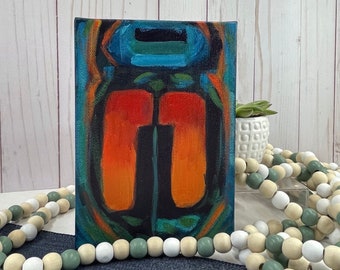 Abstract Acrylic insect beetle painting on 5” x 7” stretched canvas.   Vibrant insect art. Tomisha Lovely-Allen