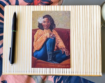 Fine Art Postcard Set 4” x 6” “Modern Southern” by Tomisha Lovely-Allen virtuous woman. Woman seated in cozy warm yellow and orange sweater