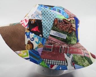 Bucket Hat 25" XX Large hat, 2XL patchwork hat, hat for big heads, 2XL bucket hat, reversible hat, Blue flannel, Crazy Quilt, Upcycle hat