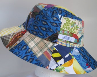 Bucket Hat 25" XX Large hat, Peacock 2XL patchwork hat, hat for big heads, 2XL bucket hat, reversible hat, lemon, Crazy Quilt, Upcycle